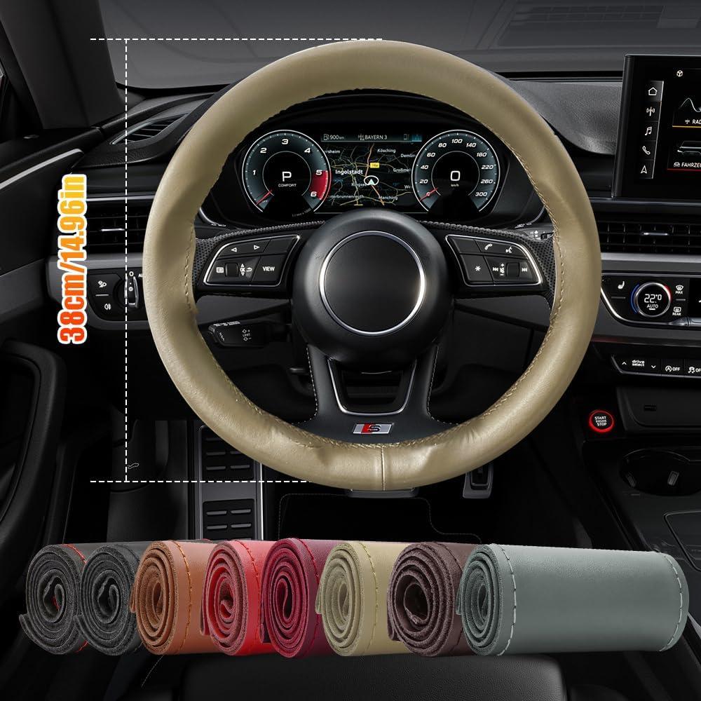 Cubierta de Volante de Cuero Genuino QZTYTY 38 cm Beige