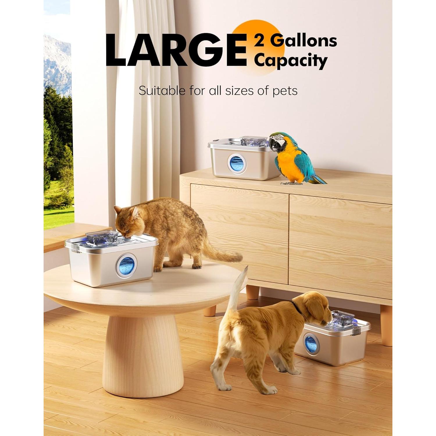 Fuente de Agua para Mascotas PETIMI 7.57L Acero Inoxidable Silenciosa