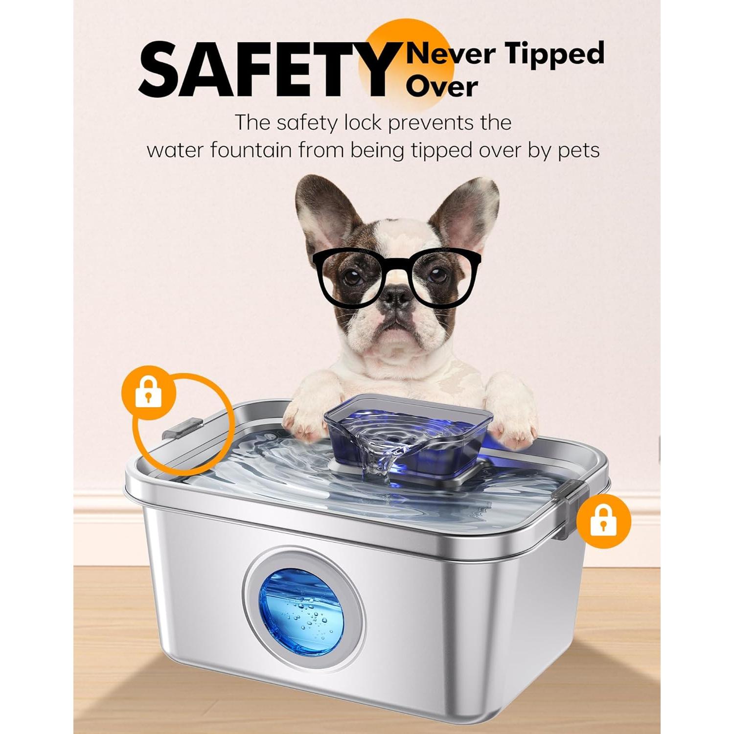 Fuente de Agua para Mascotas PETIMI 7.57L Acero Inoxidable Silenciosa