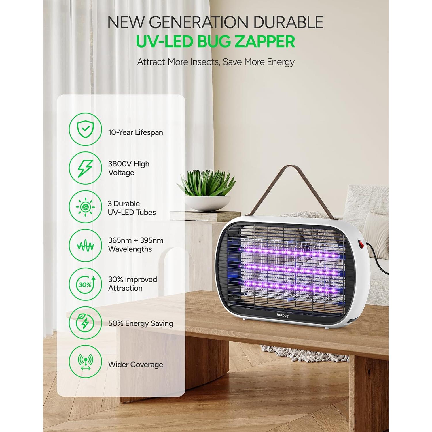 Zapper de Insectos Buzbug MA-015 LED 3800V Blanco Eficiente