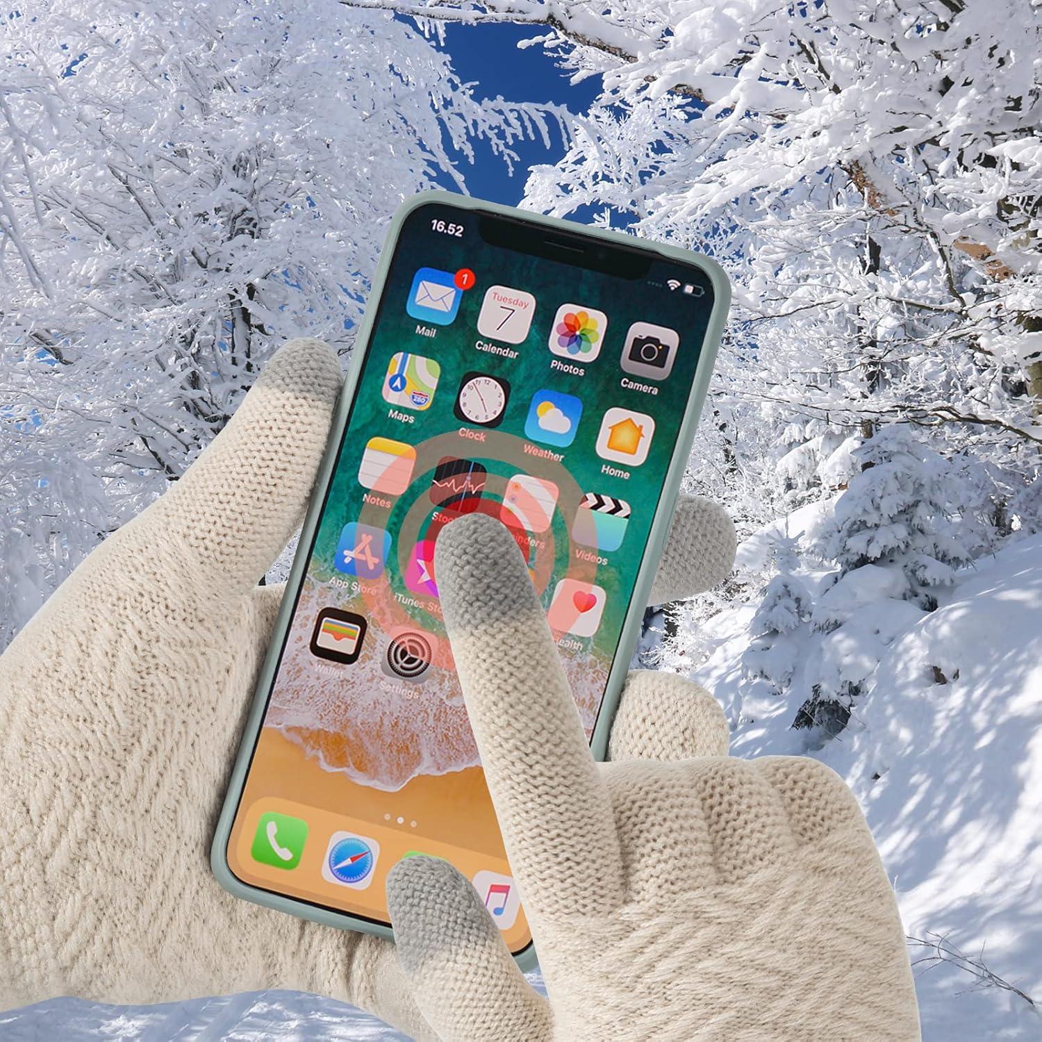 Conjunto de gorro, bufanda y guantes táctiles mujer beige