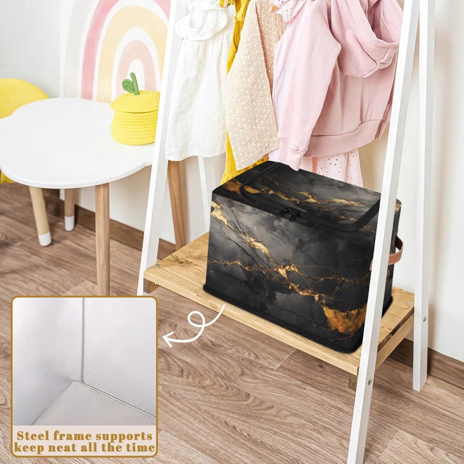 Cajas de Almacenamiento Plegables YLYNIU 36x26x25cm Mármol Negro/Dorado