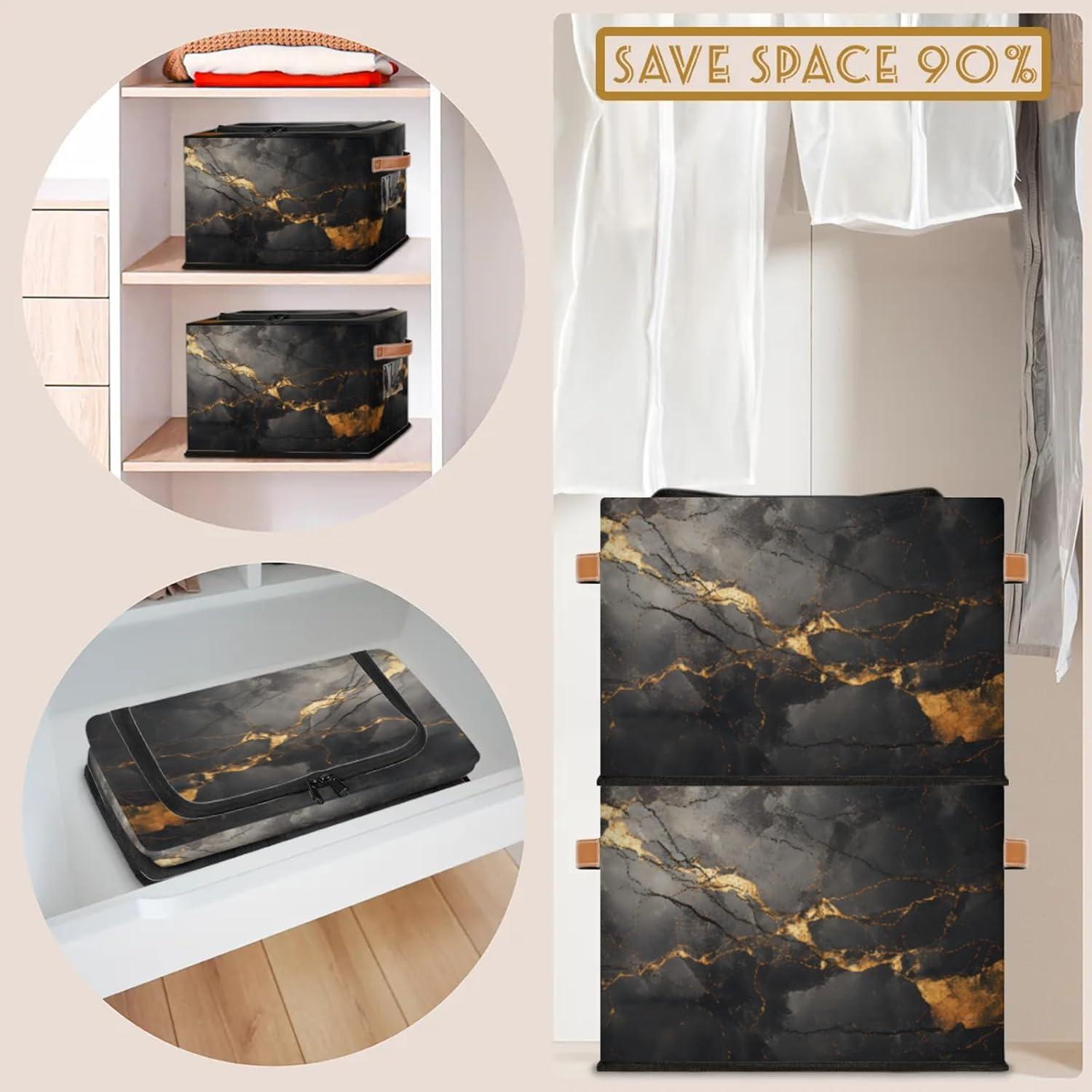 Cajas de Almacenamiento Plegables YLYNIU 36x26x25cm Mármol Negro/Dorado