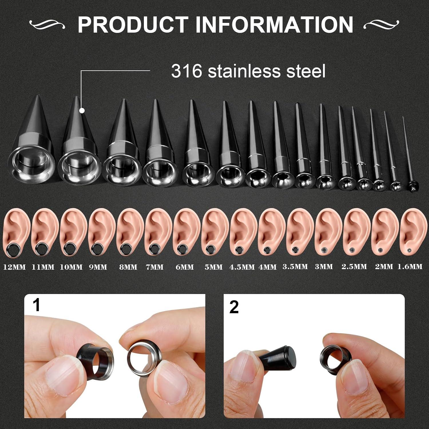 Kit de Estiramiento de Orejas 44 Piezas Acero Inoxidable 1.6-12mm