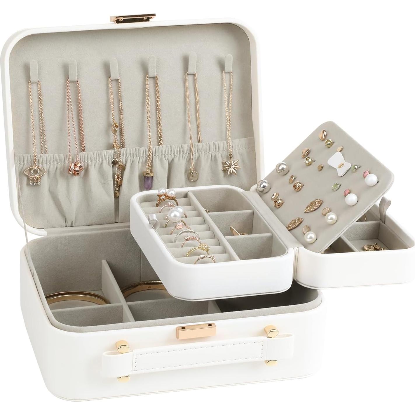 Caja de Joyería V-LAFUY Grande Blanca 2 Capas con Asa