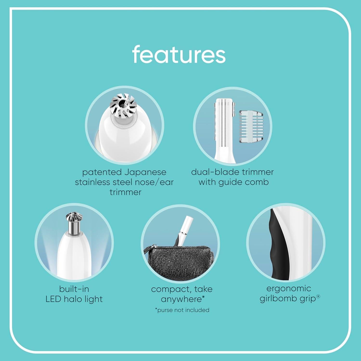 Recortador GIRLBOMB 3 en 1 para Mujeres - Nariz, Cara y Cejas