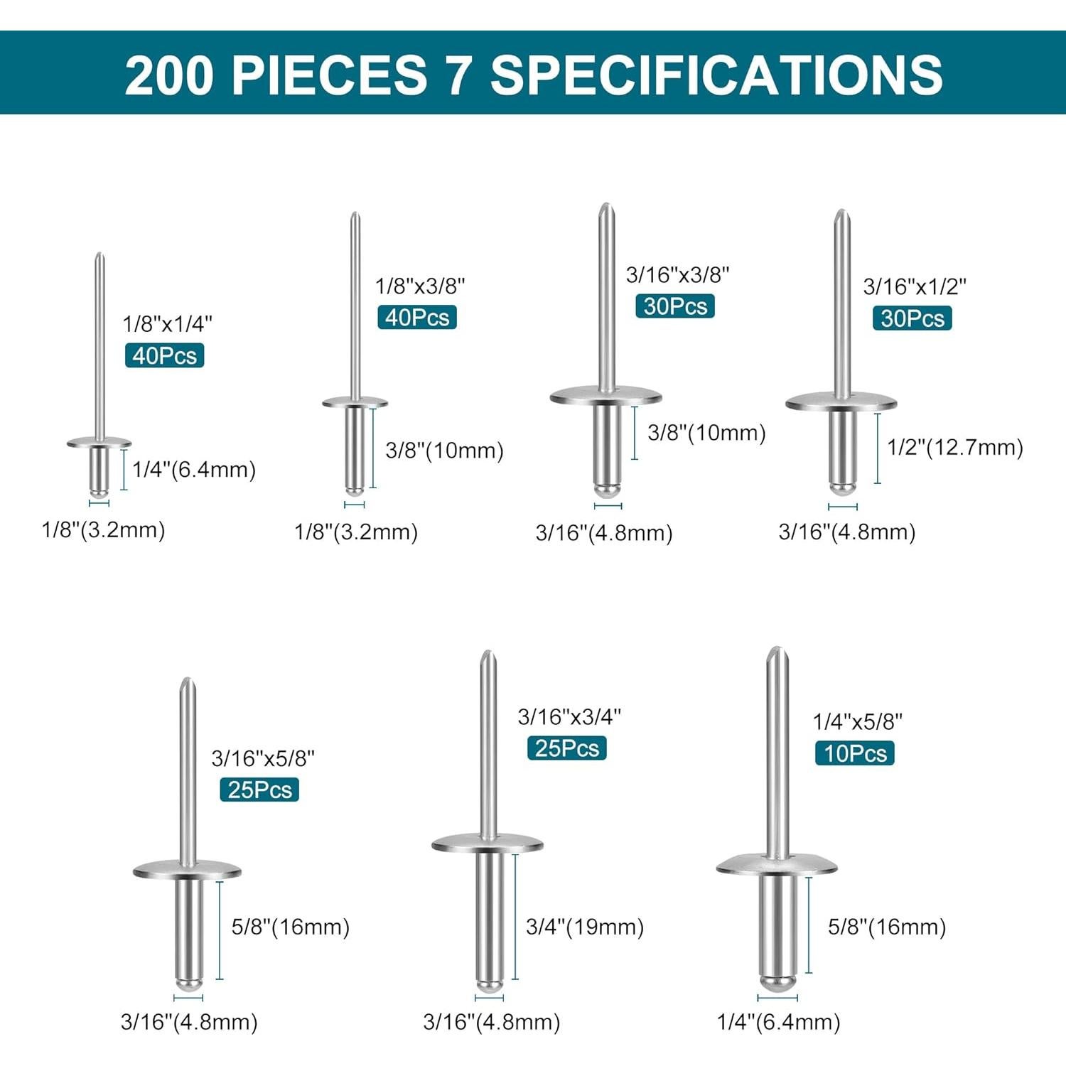 Kit de Remaches de Aluminio 200PCS SATANTECH - 7 Tamaños