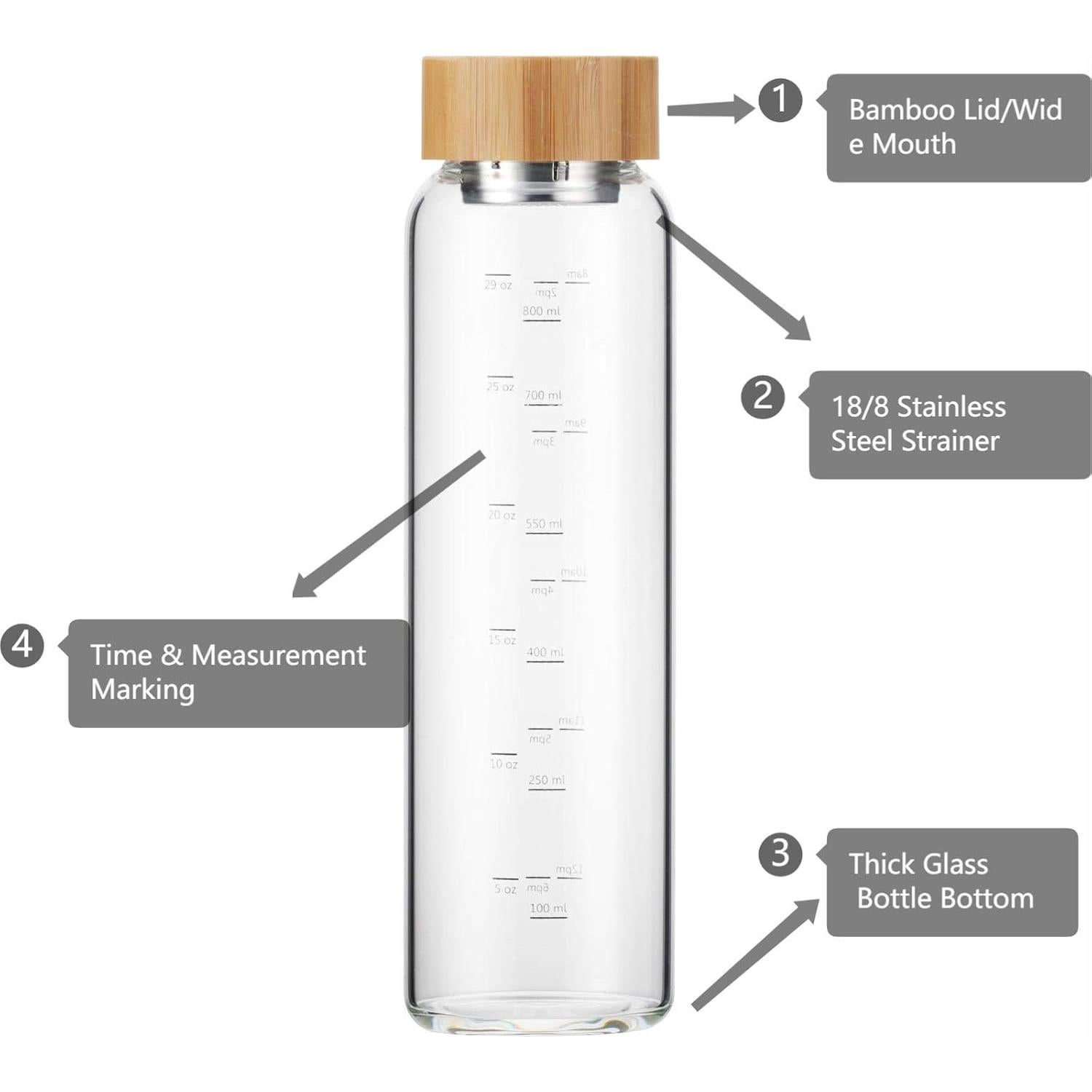 Botella de Agua de Vidrio Sunkey 1L Boca Ancha con Tapa de Bambú