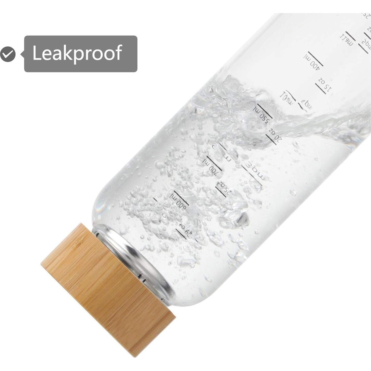 Botella de Agua de Vidrio Sunkey 1L Boca Ancha con Tapa de Bambú