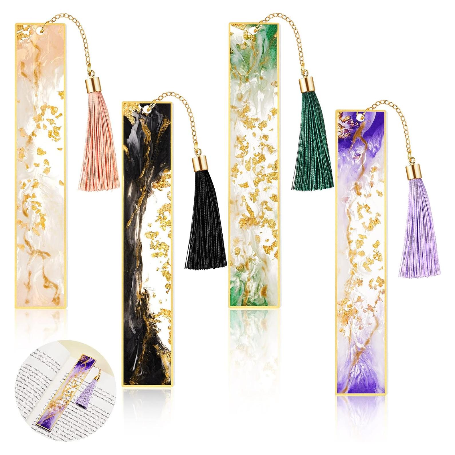 4 Marcadores de Libros de Resina Gersoniel con Flecos Coloridos