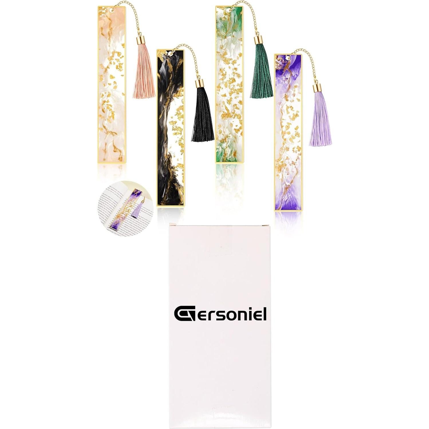 4 Marcadores de Libros de Resina Gersoniel con Flecos Coloridos