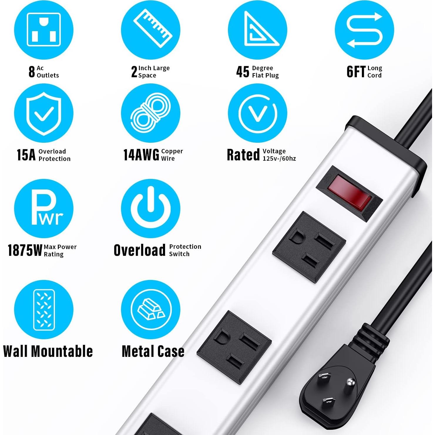 Regleta de Poder Metálica Berigtta M08AC-WIDE 8 Salidas 1.83m