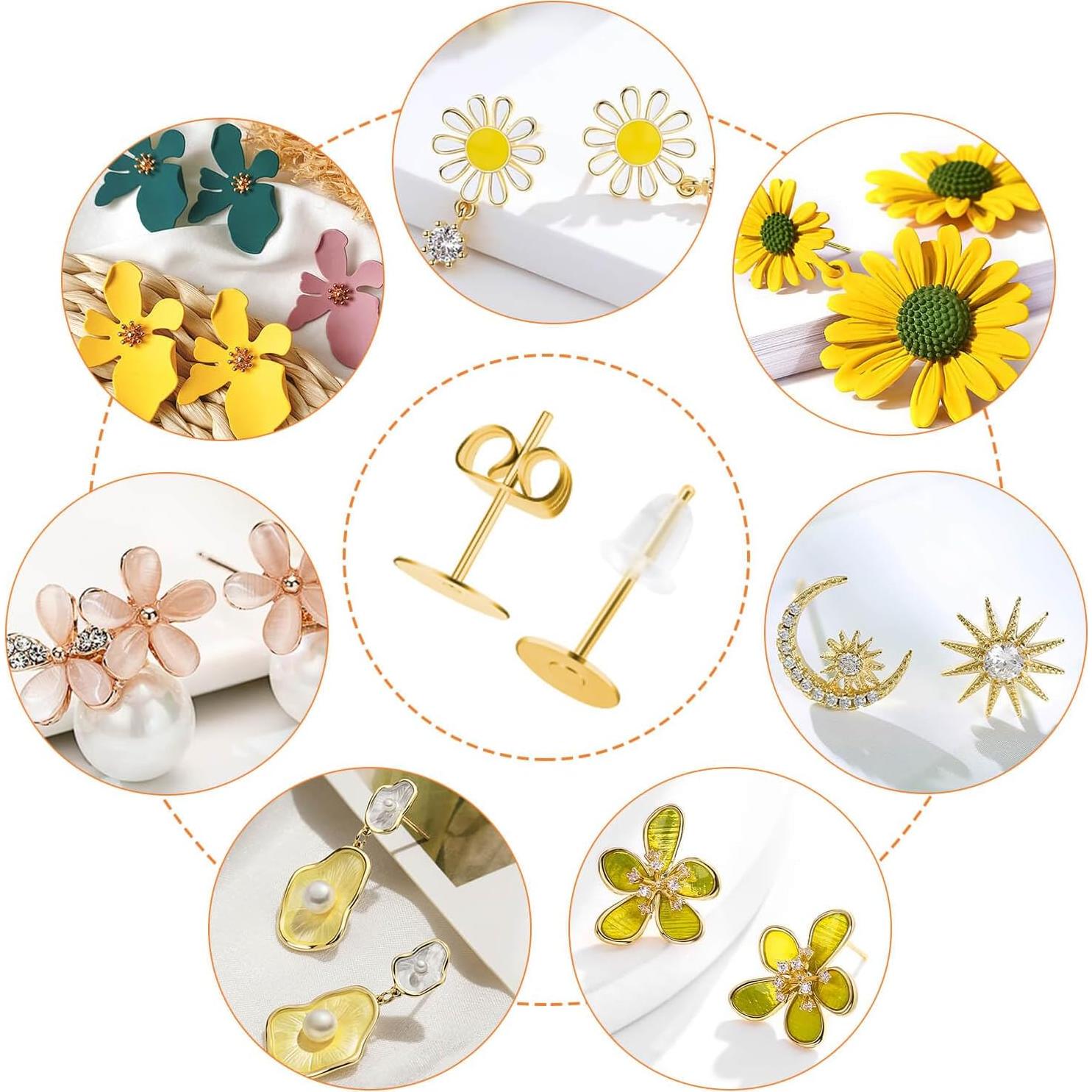 Kit de 1200 Pines de Aretes Hipoalergénicos Flasoo Dorado