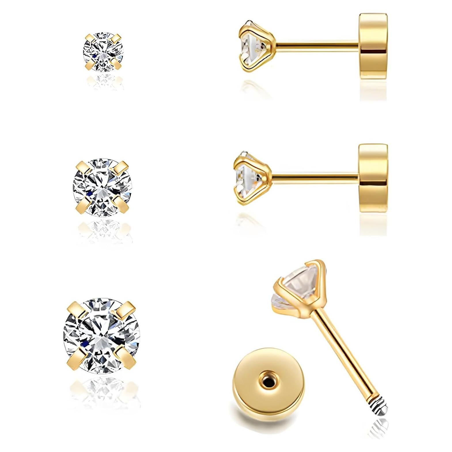 Pendientes de Stud Pequeños 14K Oro Baño 3 Pares CZ 2-4mm