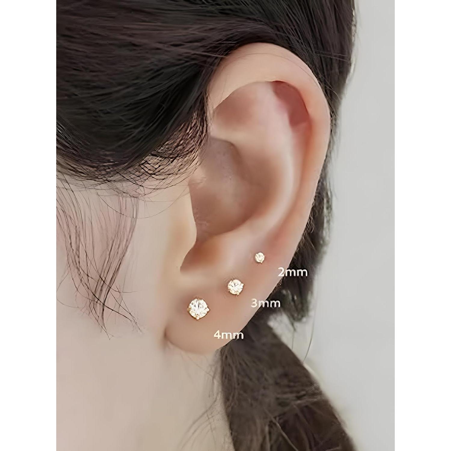 Pendientes de Stud Pequeños 14K Oro Baño 3 Pares CZ 2-4mm