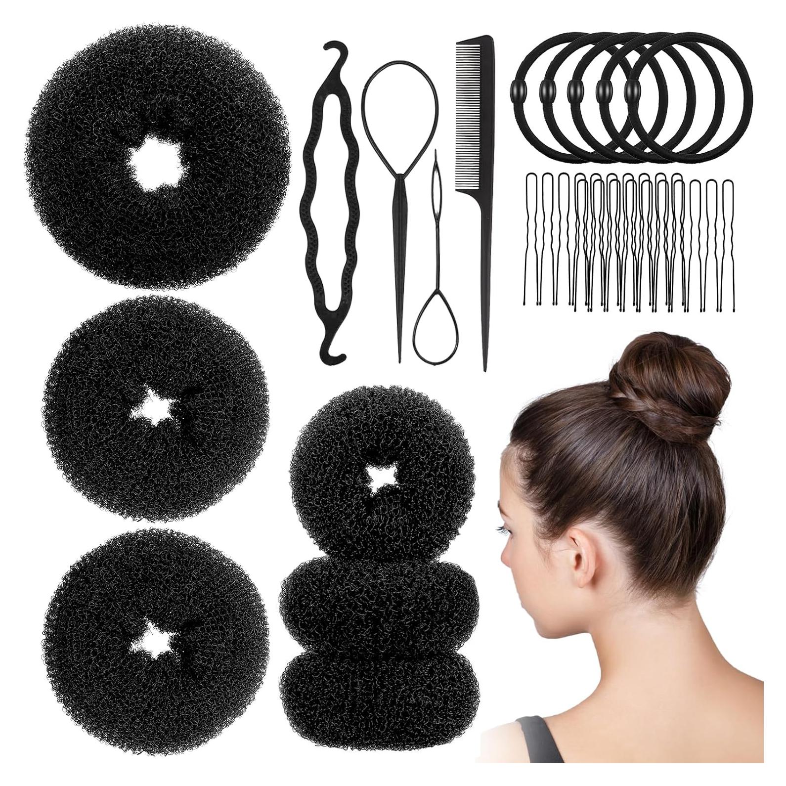 Hair Bun Maker Set 6 PCS - Ring Style Hair Bun Donut (1 L, 2 M and 3 S) with 20 Hair Bobby, Pins 5 Elastic Bands and 4 Pony Hair Tools for Long Hair (Black)