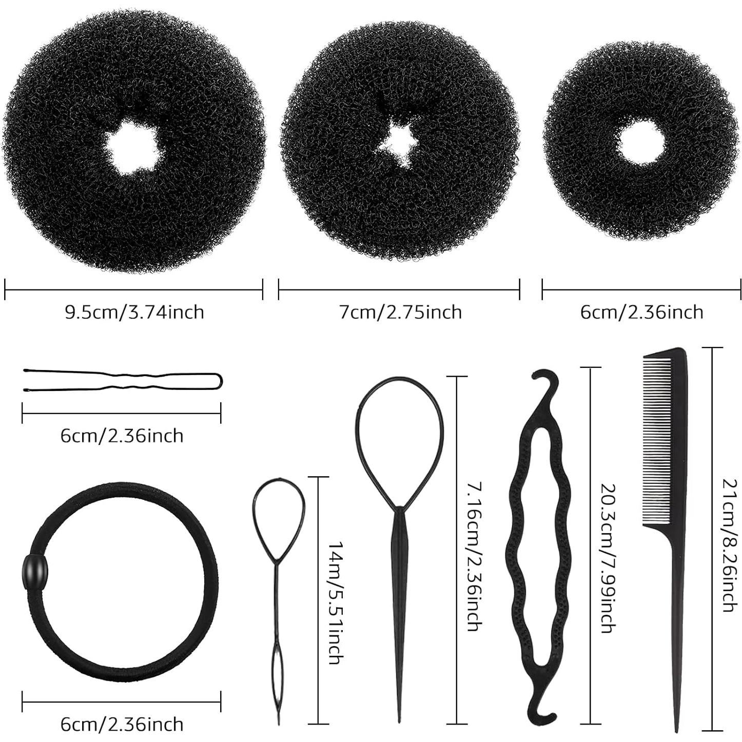 Hair Bun Maker Set 6 PCS - Ring Style Hair Bun Donut (1 L, 2 M and 3 S) with 20 Hair Bobby, Pins 5 Elastic Bands and 4 Pony Hair Tools for Long Hair (Black)