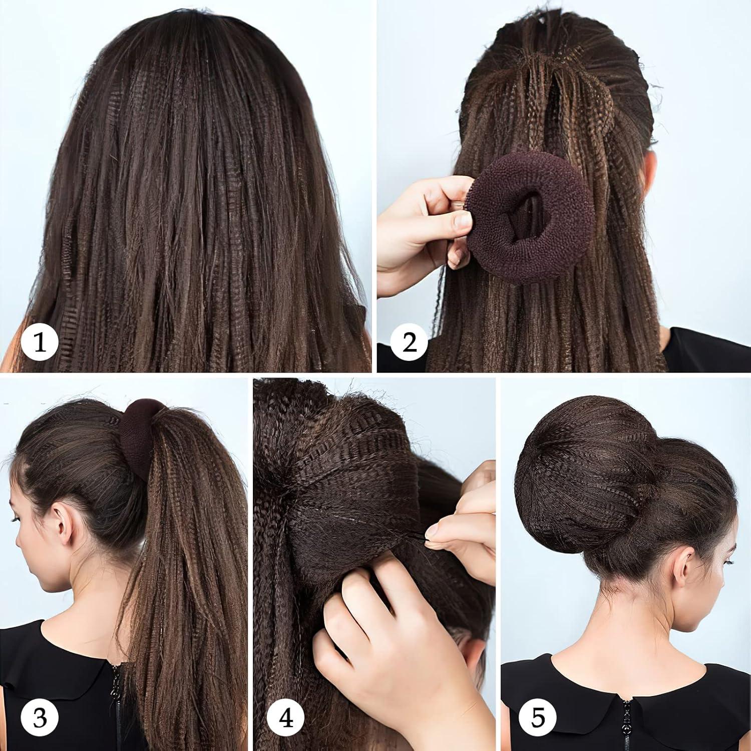 Hair Bun Maker Set 6 PCS - Ring Style Hair Bun Donut (1 L, 2 M and 3 S) with 20 Hair Bobby, Pins 5 Elastic Bands and 4 Pony Hair Tools for Long Hair (Black)