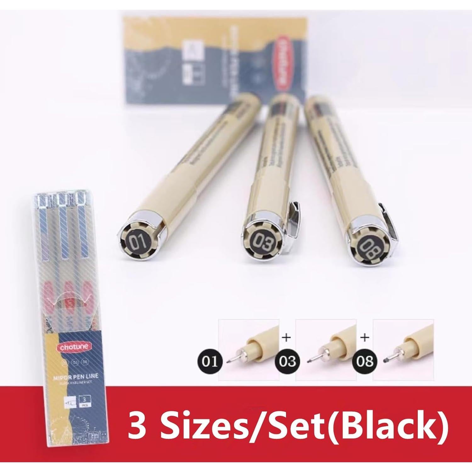 Juego de 3 Bolígrafos Fineliner GETHPEN 0.25-0.55mm Negro