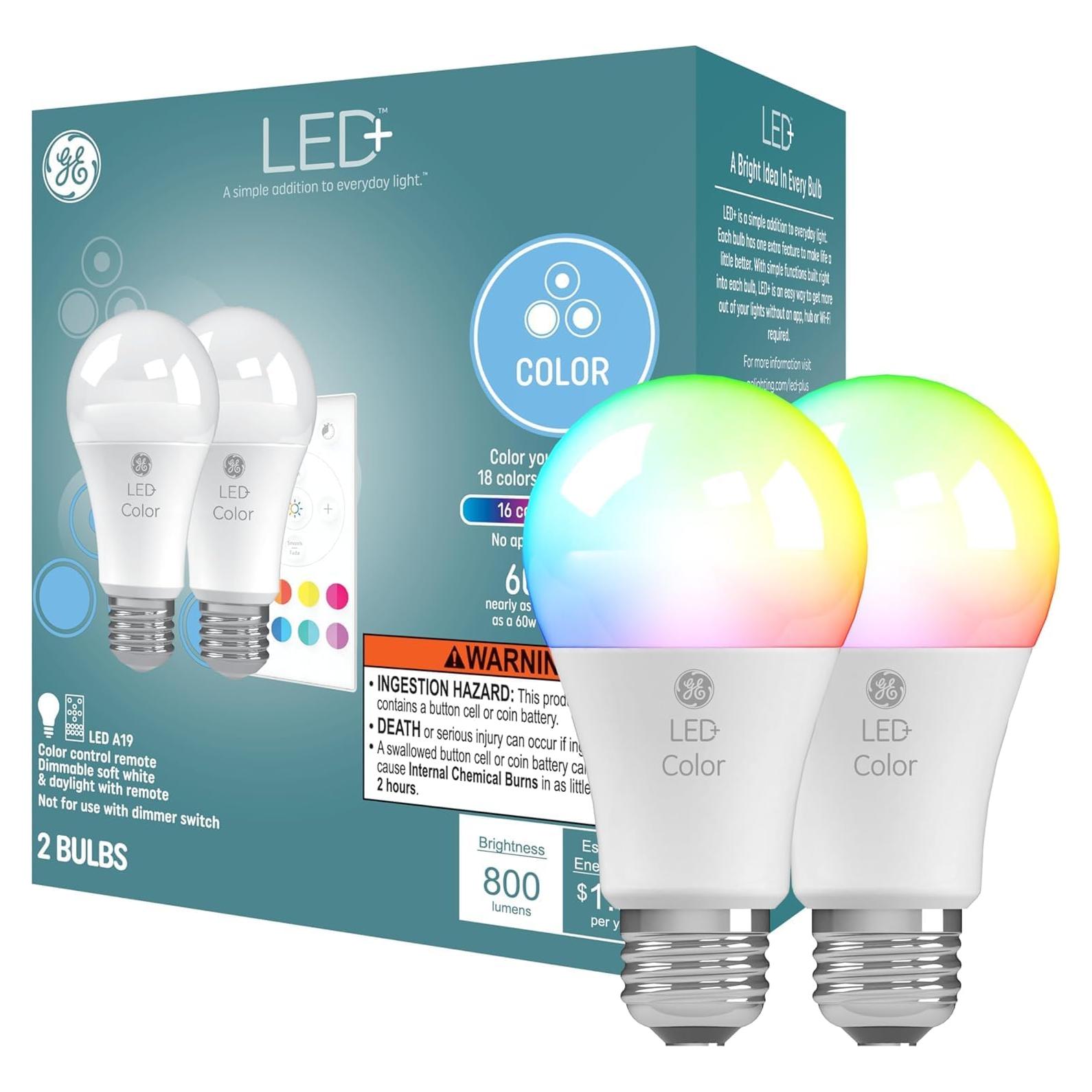 Bombillas LED GE+ A19 Multicolor con Control Remoto (2 Pzas)