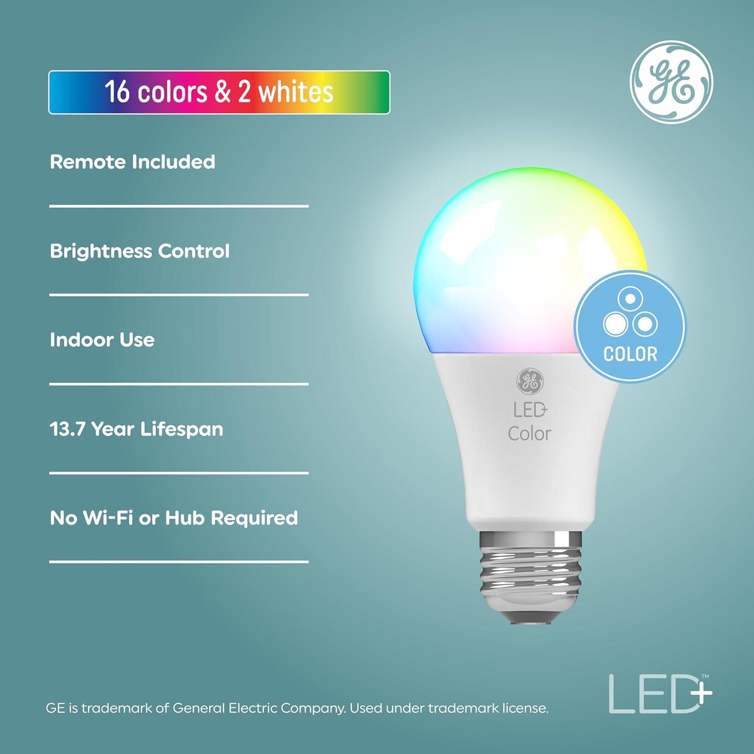 Bombillas LED GE+ A19 Multicolor con Control Remoto (2 Pzas)