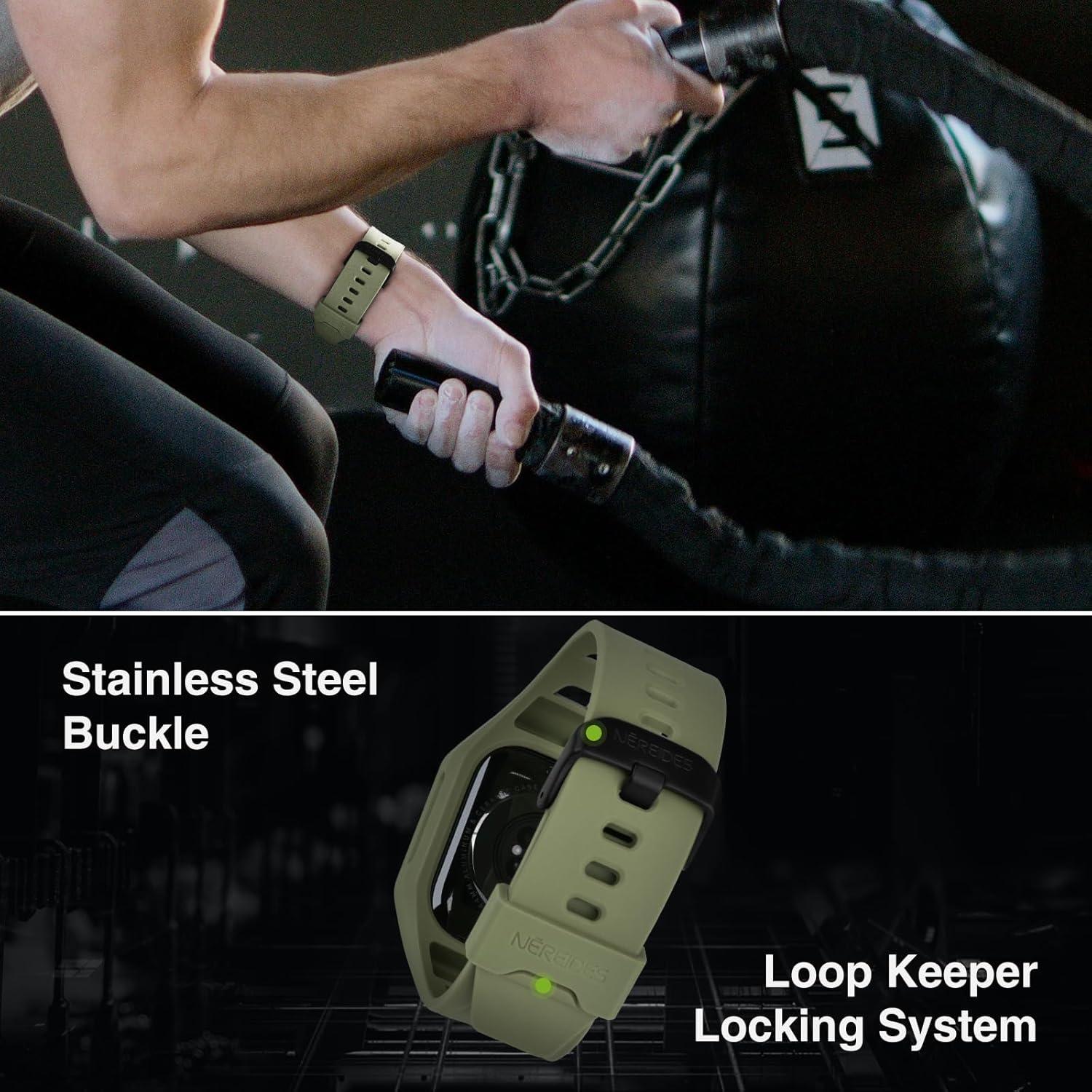 Compatible with Apple Watch Band 45mm 44mm, for iWatch Band Series 9/8/7/6/5/4/SE/SE2, Rugged Heavy Duty Case with Strap, Shockproof PC Frame Bumper Case for Men (Army Green)