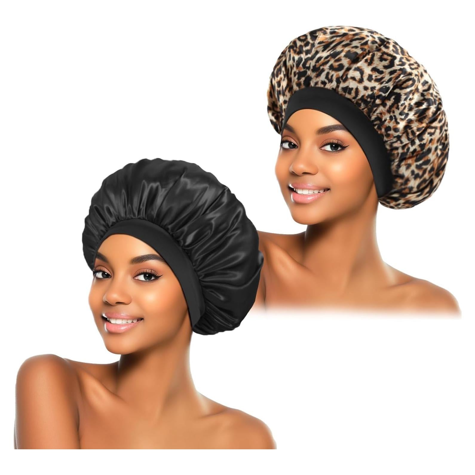 2 Bonetes de Satén para Dormir ZHENSILK Leopardo Negro