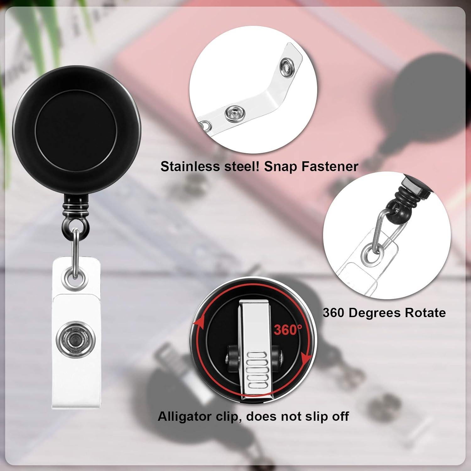 50 Portatarjetas Retráctiles Zonon con Clip Giratorio Negro