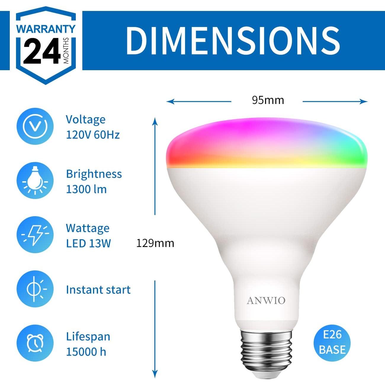 Bombilla Inteligente ANWIO BR30 RGB E26 13W Paquete de 4