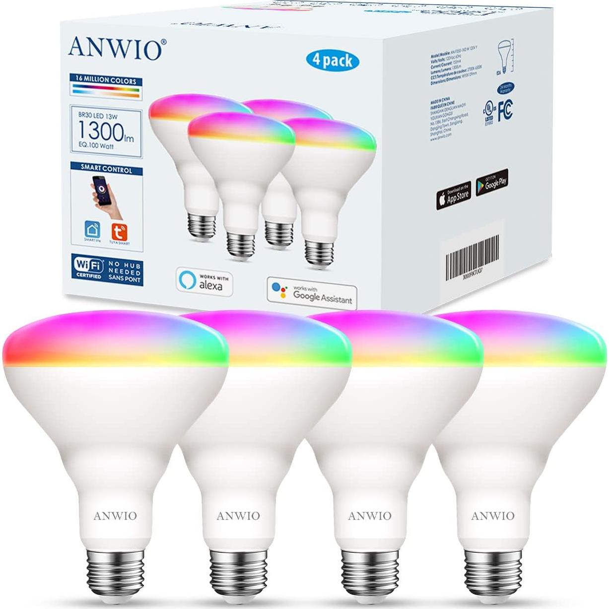 Bombilla Inteligente ANWIO BR30 RGB E26 13W Paquete de 4