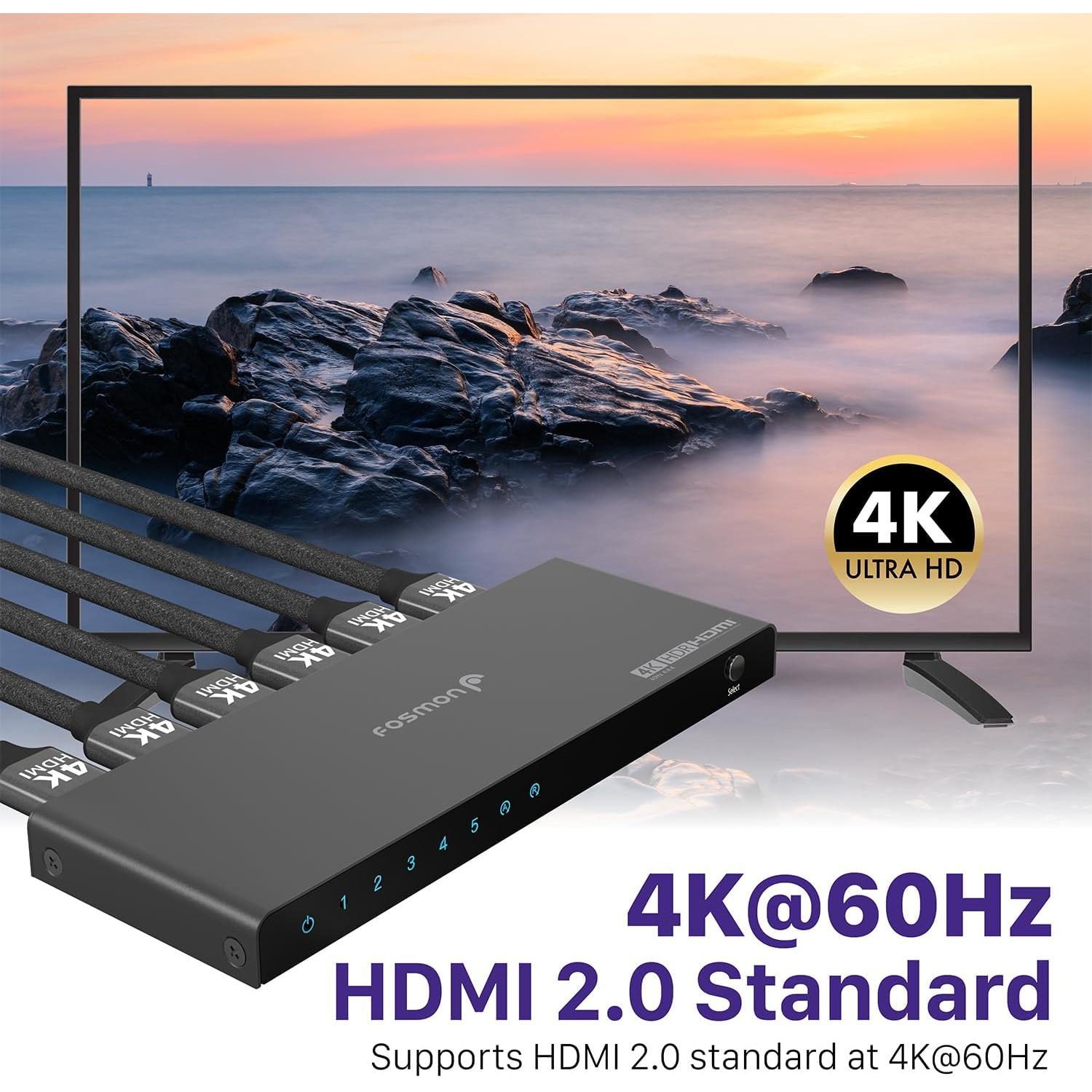 Interruptor HDMI 4K Fosmon 5 Puertos 18Gbps con Control Remoto