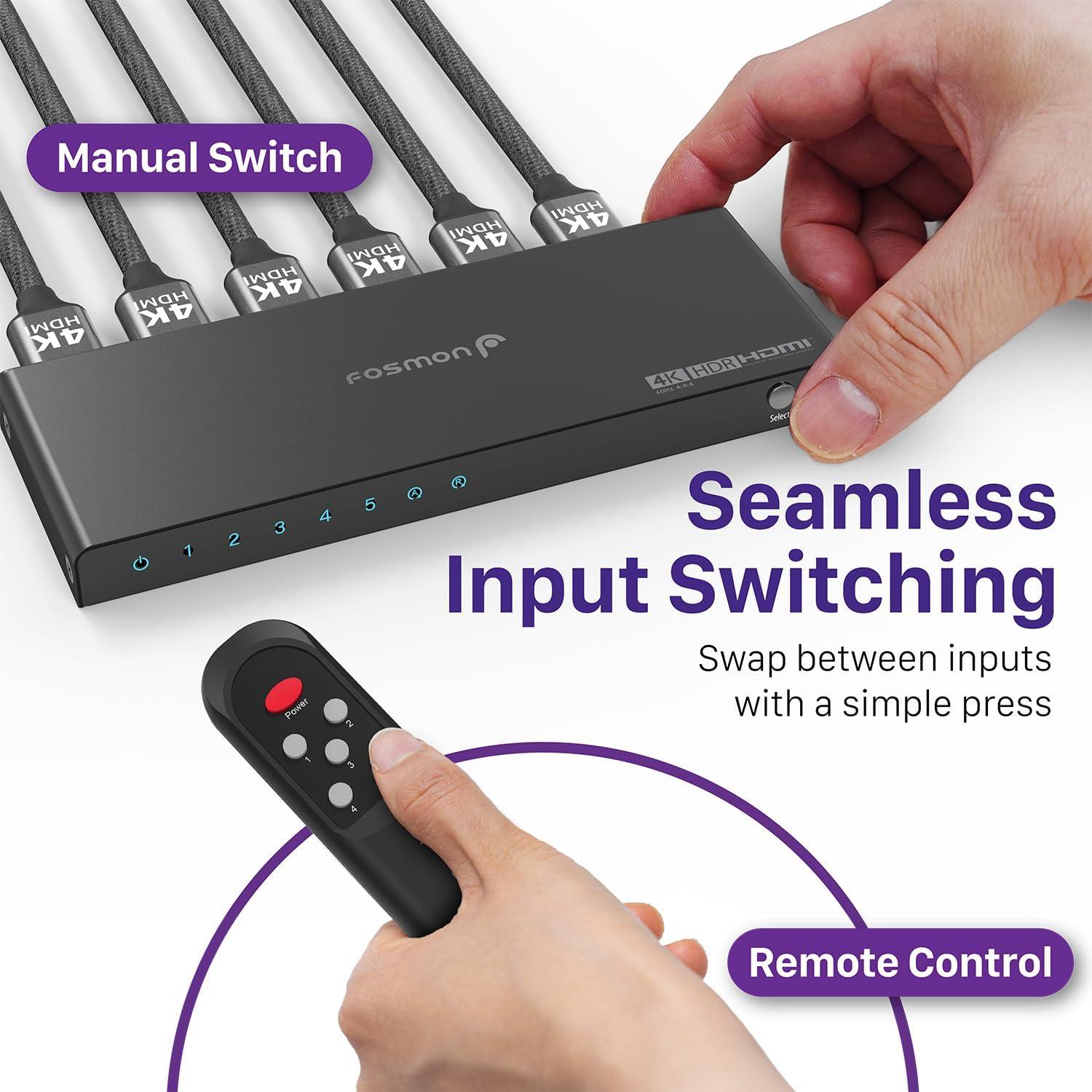 Interruptor HDMI 4K Fosmon 5 Puertos 18Gbps con Control Remoto
