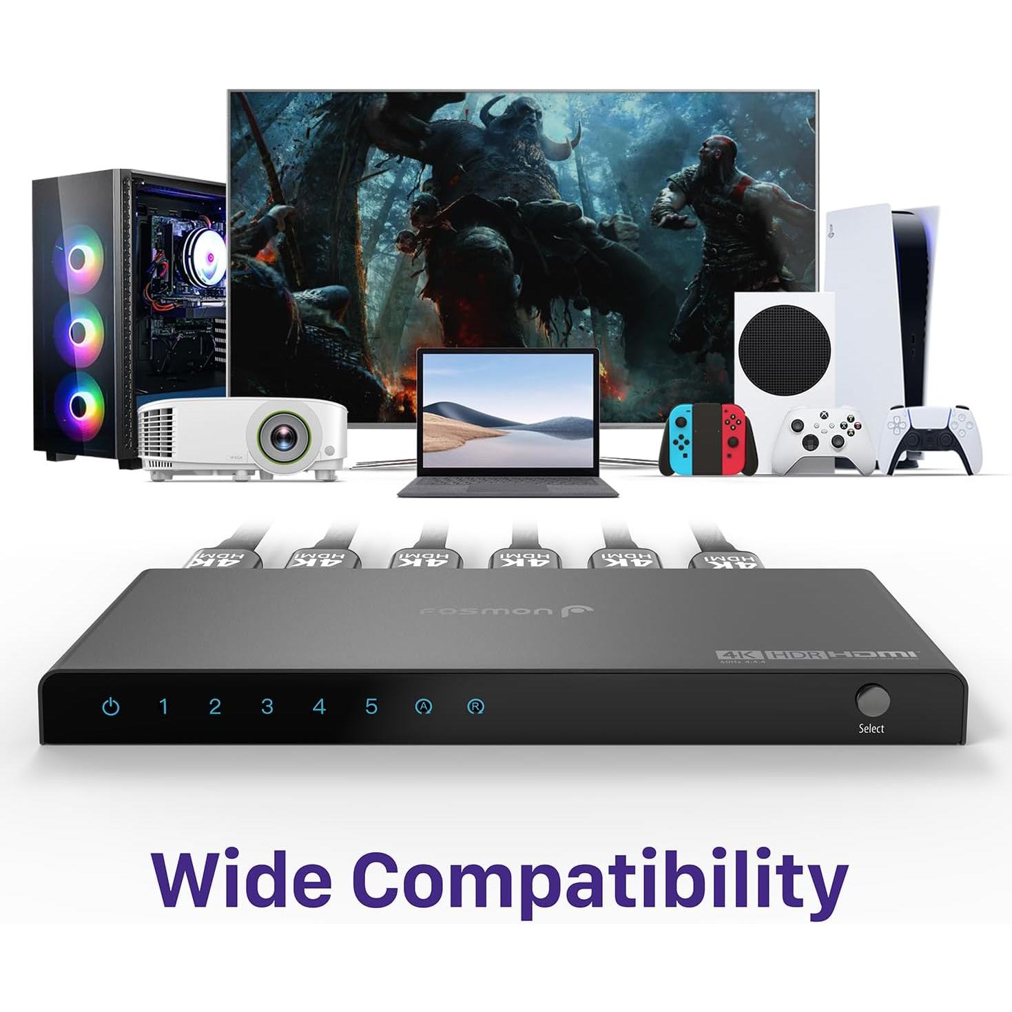 Interruptor HDMI 4K Fosmon 5 Puertos 18Gbps con Control Remoto