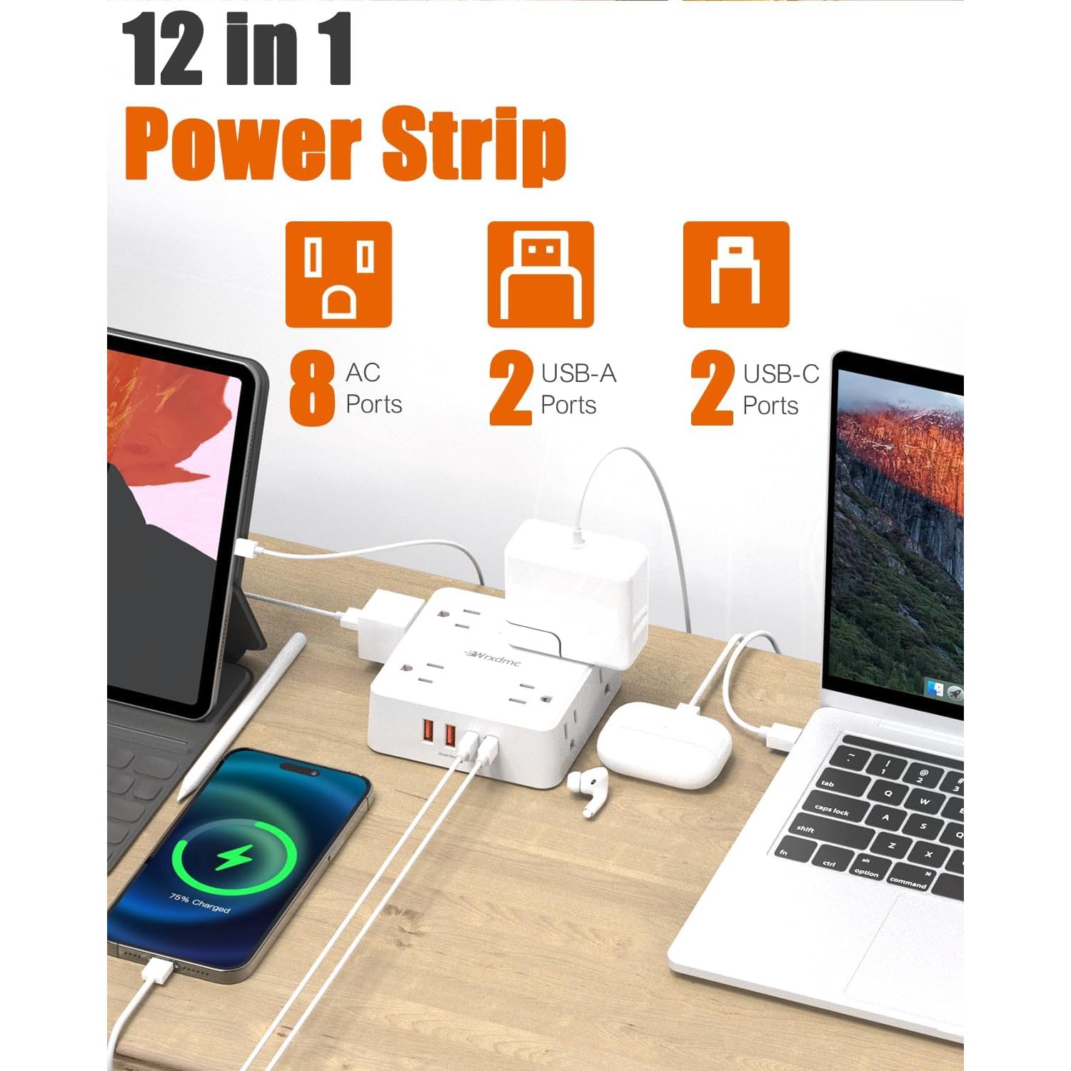 Regleta de 2 Clavijas a 3 Clavijas WRXDMC 8 AC 4 USB 1.52m