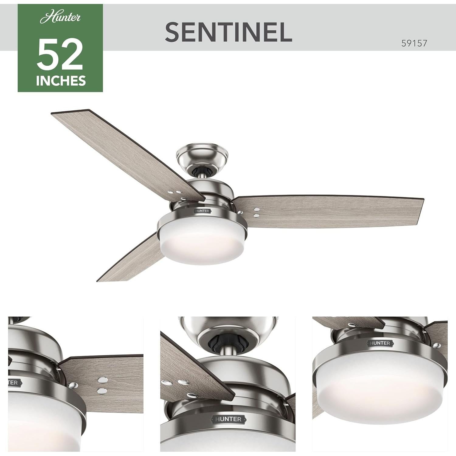 Ventilador de Techo Hunter Sentinel 52" Niquel con Luz LED y Control Remoto