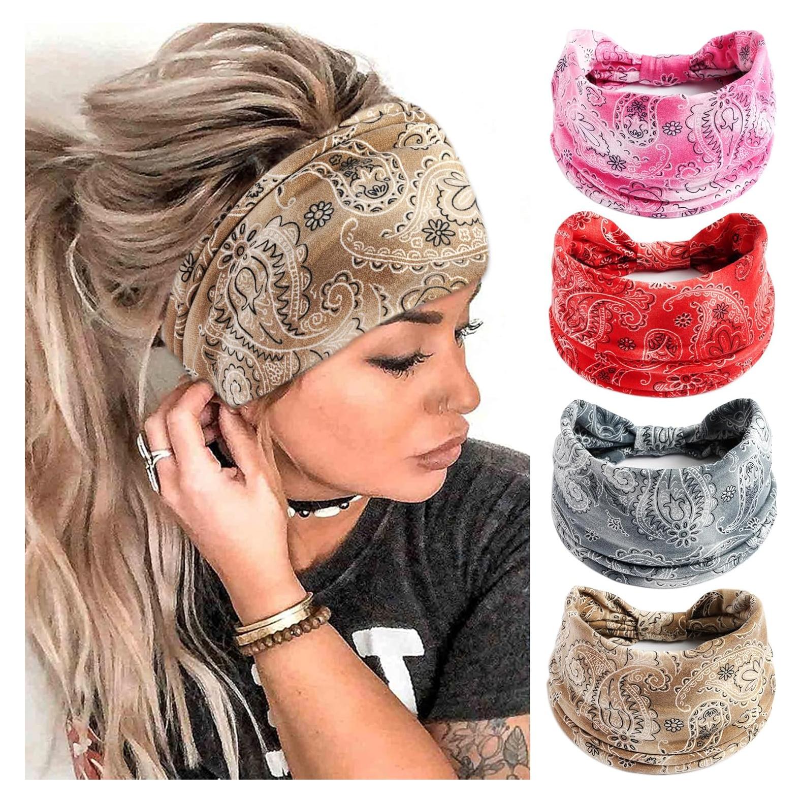 Diademas Boho FULZTEY para Mujeres 4Pcs Estampadas Algodón