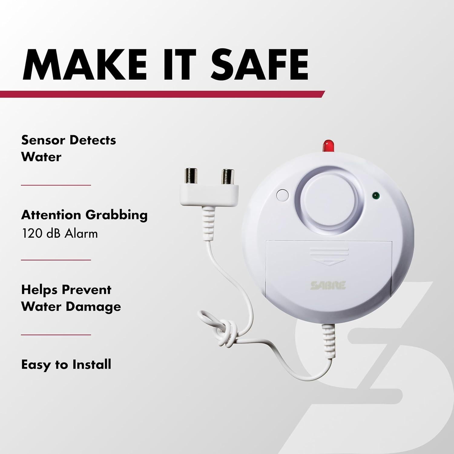 SABRE Water Leakage Alarm, 110 dB Alarm, Audible Up To 1,500-Feet (457-Meters), All Direction Water Sensor, High and Low Volume Settings, Battery Test Button