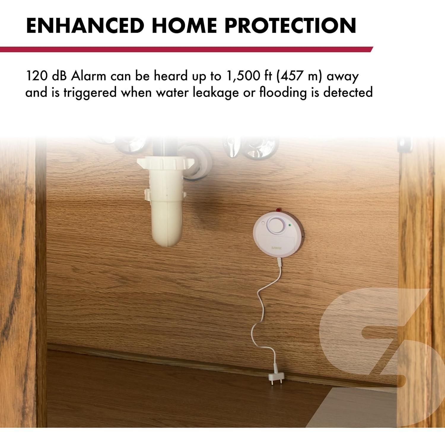 SABRE Water Leakage Alarm, 110 dB Alarm, Audible Up To 1,500-Feet (457-Meters), All Direction Water Sensor, High and Low Volume Settings, Battery Test Button