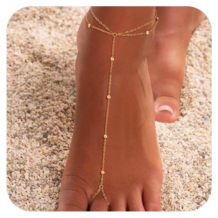 Tobillera de Oro 14K Funsanny con Perlas Ajustable para Mujeres