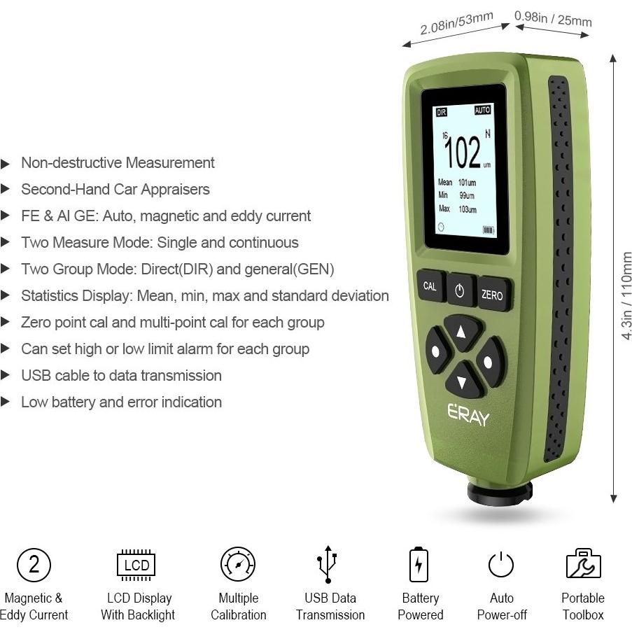 Medidor de Grosor de Pintura ERAY con Pantalla LCD Verde