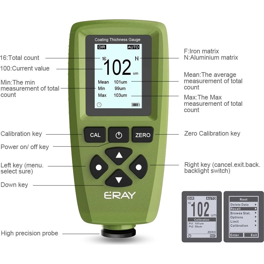 Medidor de Grosor de Pintura ERAY con Pantalla LCD Verde