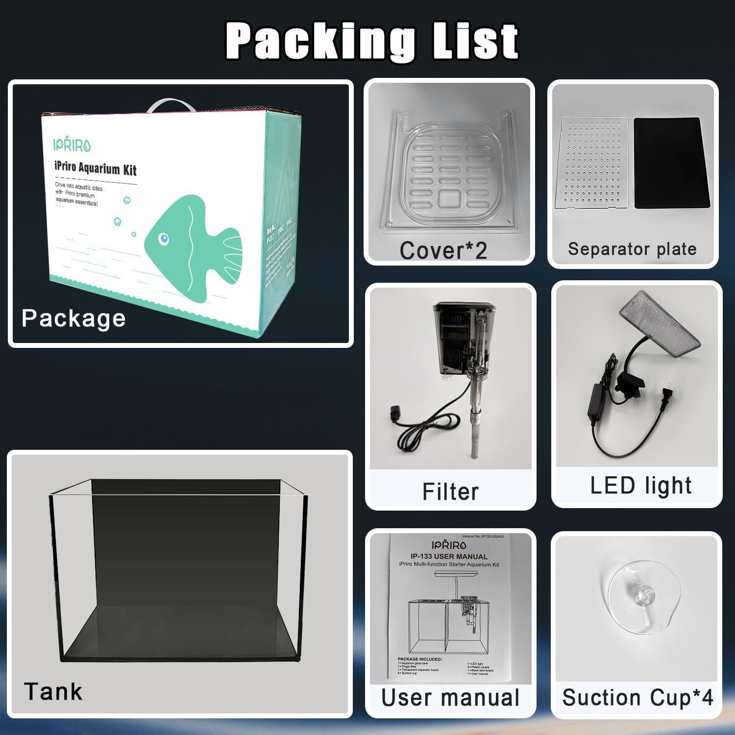 Acuario de vidrio nano iPriro 12.6" con filtro y luz LED