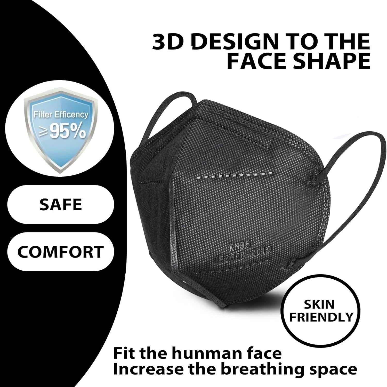 Mascarillas KN95 Negras 100 Pcs 5 Capas Filtro >95% Seguridad
