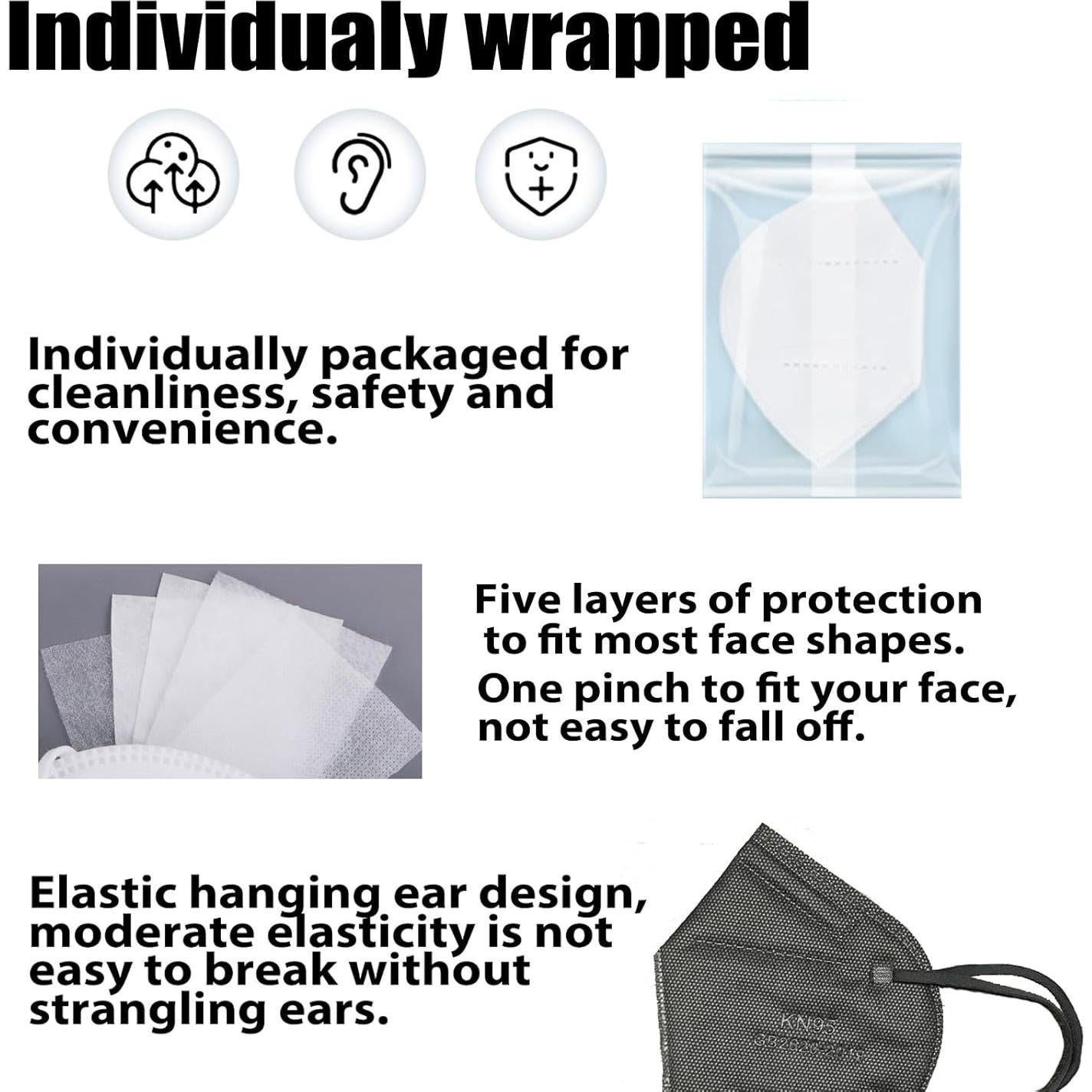 Mascarillas KN95 Negras 100 Pcs 5 Capas Filtro >95% Seguridad