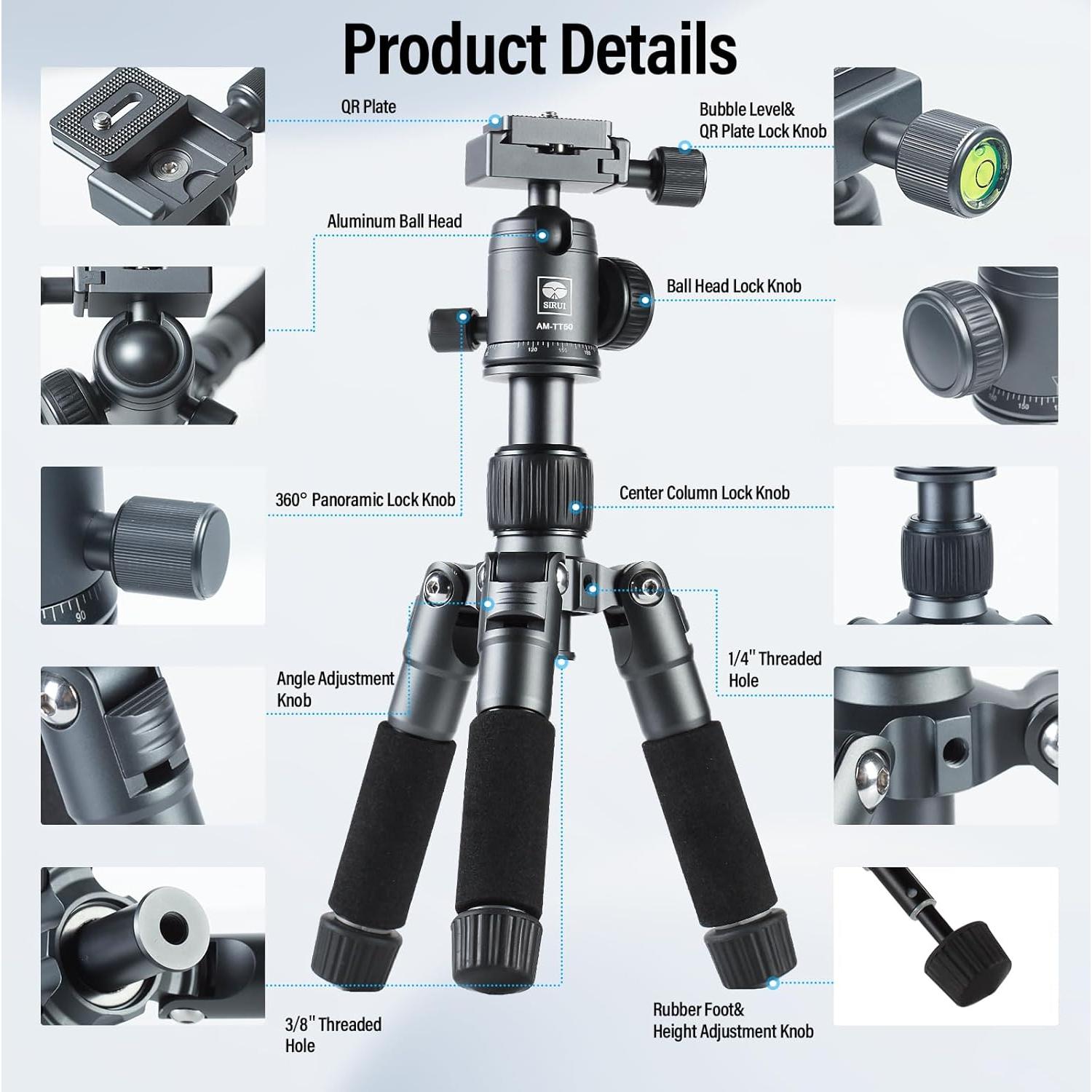 SIRUI Compact Mini Desktop Tripod, 20" Aluminum Portable Small Tabletop Tripod Stand with 360° Ball Head for DSLR, Camera, Phone, Loaded up to 17.64lbs, Phone Holder Included, AM-TT50