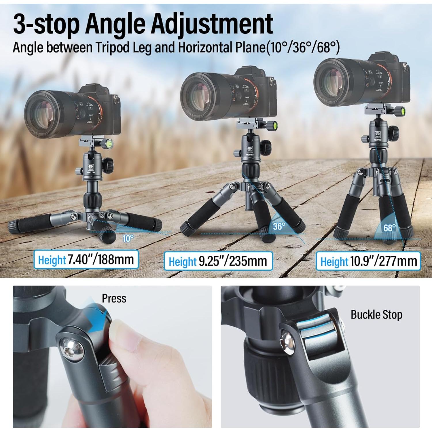 SIRUI Compact Mini Desktop Tripod, 20" Aluminum Portable Small Tabletop Tripod Stand with 360° Ball Head for DSLR, Camera, Phone, Loaded up to 17.64lbs, Phone Holder Included, AM-TT50