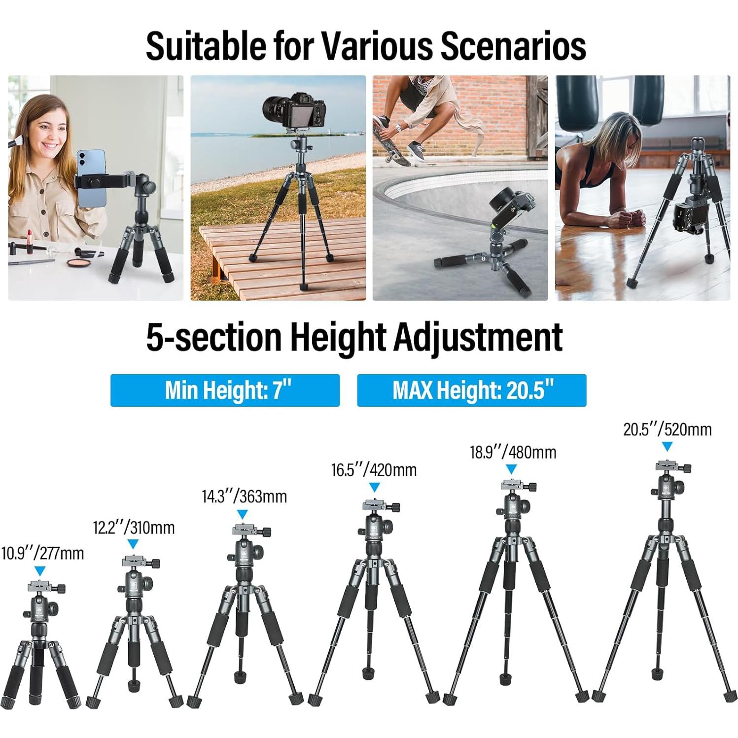 SIRUI Compact Mini Desktop Tripod, 20" Aluminum Portable Small Tabletop Tripod Stand with 360° Ball Head for DSLR, Camera, Phone, Loaded up to 17.64lbs, Phone Holder Included, AM-TT50