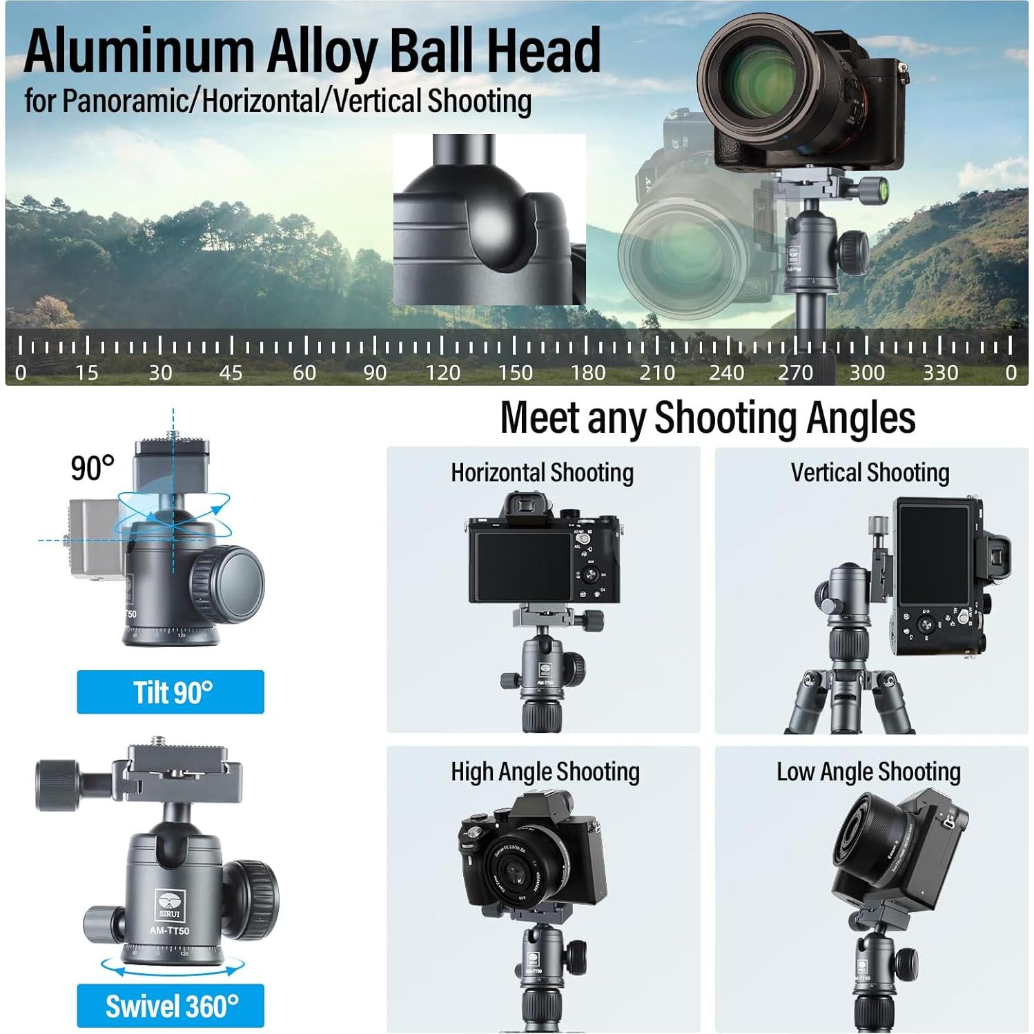 SIRUI Compact Mini Desktop Tripod, 20" Aluminum Portable Small Tabletop Tripod Stand with 360° Ball Head for DSLR, Camera, Phone, Loaded up to 17.64lbs, Phone Holder Included, AM-TT50