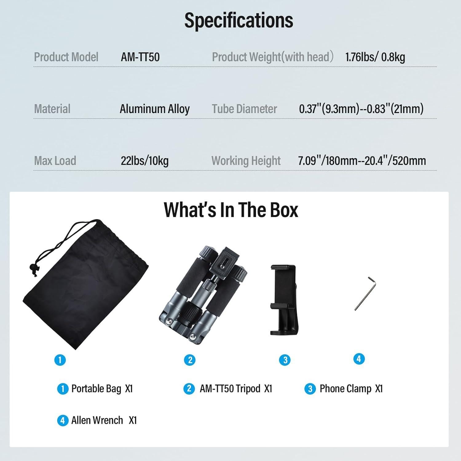 SIRUI Compact Mini Desktop Tripod, 20" Aluminum Portable Small Tabletop Tripod Stand with 360° Ball Head for DSLR, Camera, Phone, Loaded up to 17.64lbs, Phone Holder Included, AM-TT50