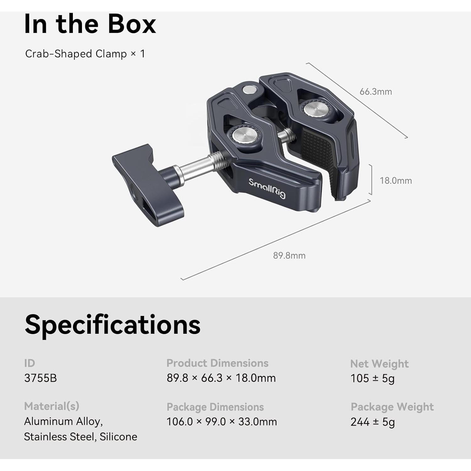 Abrazadera SMALLRIG Cangrejo Ajustable 3.5kg para Fotografía